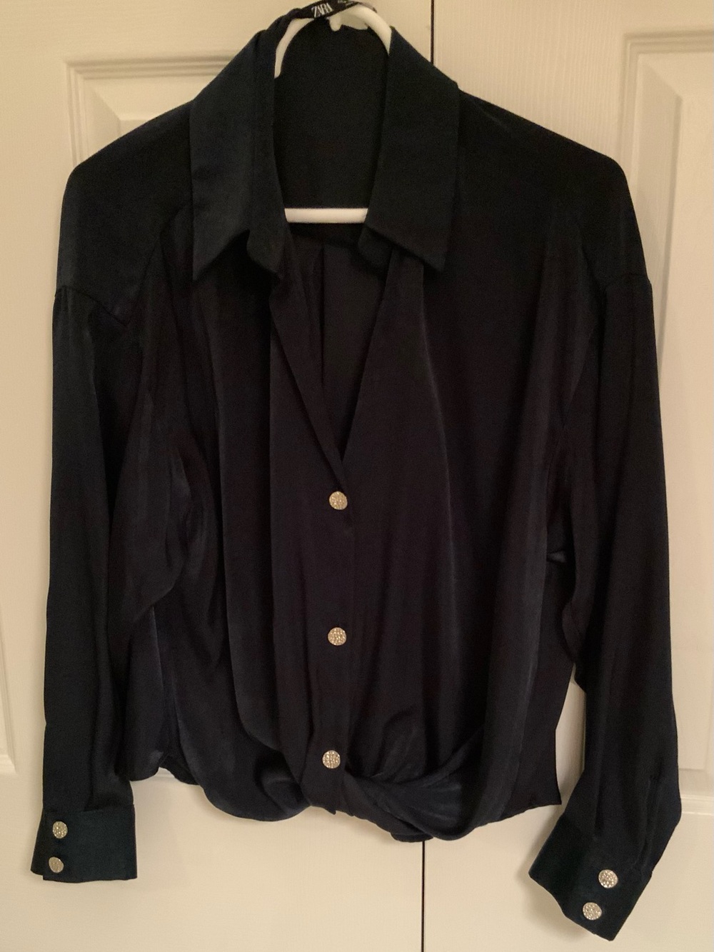 Zara Dark Navy Long-Sleeve Button Down Blouse with Decorative Buttons